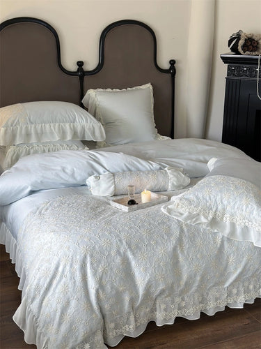 French Flower Egyptian Cotton 1000TC Lace Patchwork Princess Duvet Cover Bedding Set